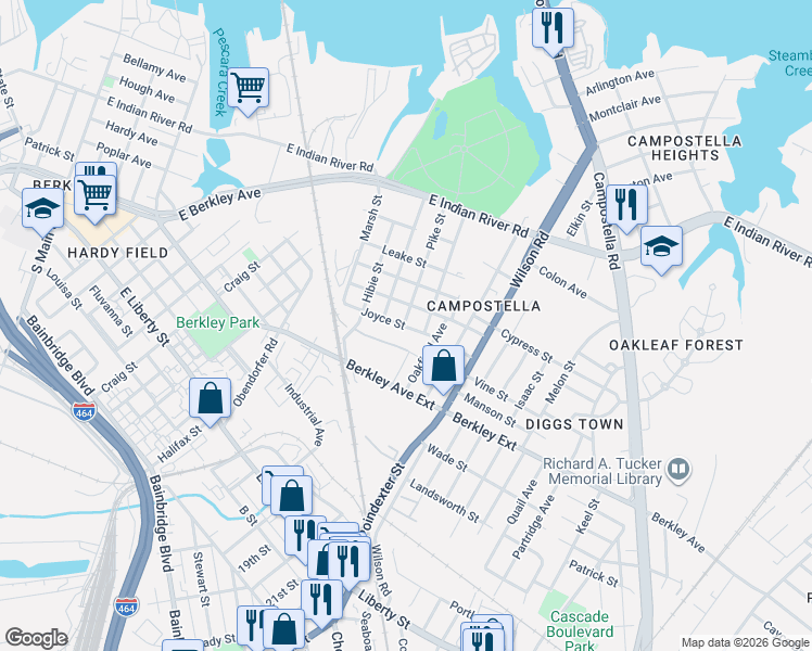map of restaurants, bars, coffee shops, grocery stores, and more near 901 Joyce Street in Norfolk