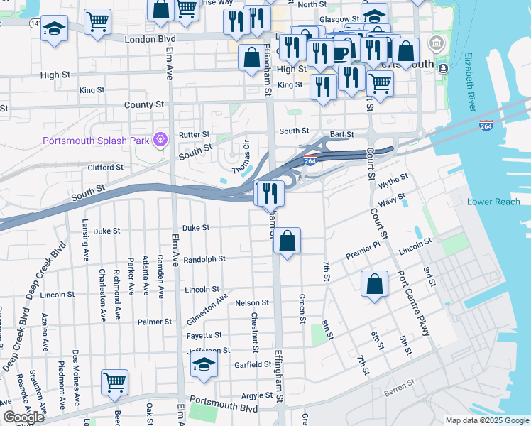 map of restaurants, bars, coffee shops, grocery stores, and more near 1408 Effingham Street in Portsmouth