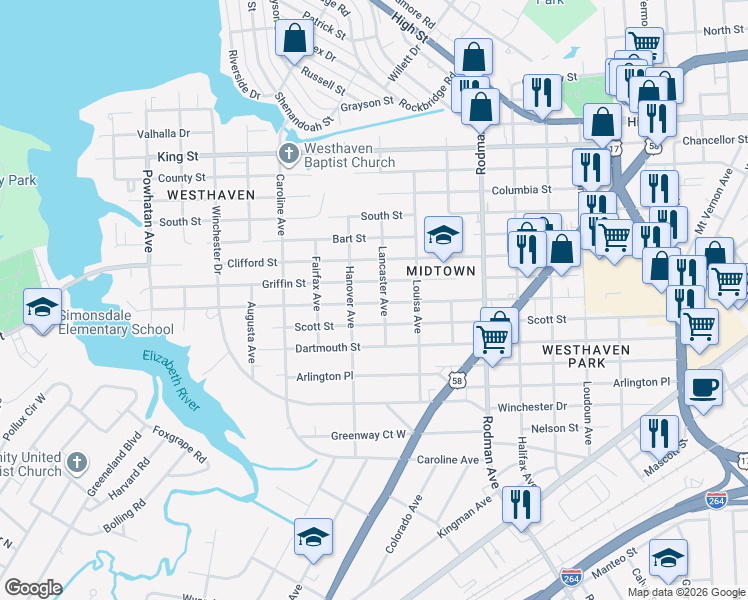 map of restaurants, bars, coffee shops, grocery stores, and more near 3923 Race Street in Portsmouth