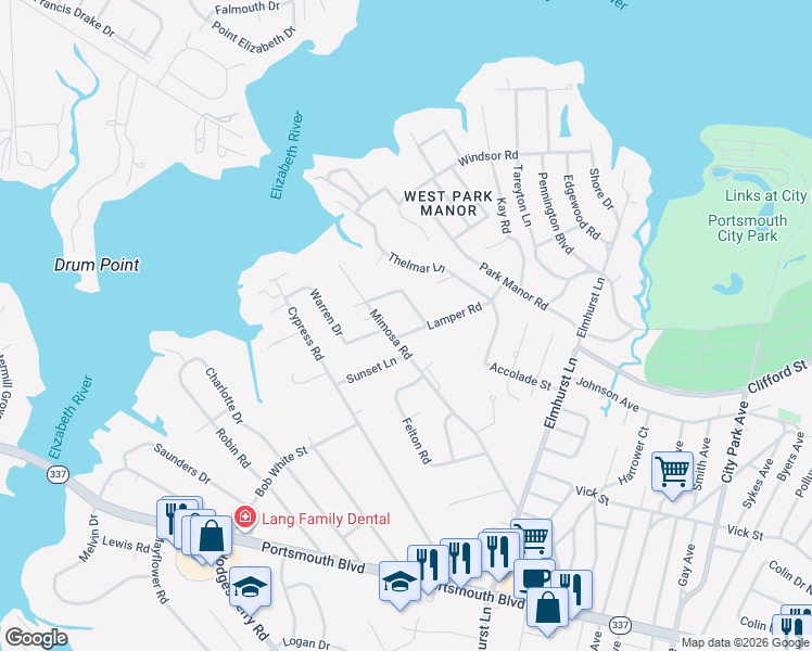 map of restaurants, bars, coffee shops, grocery stores, and more near 600 Mimosa Road in Portsmouth