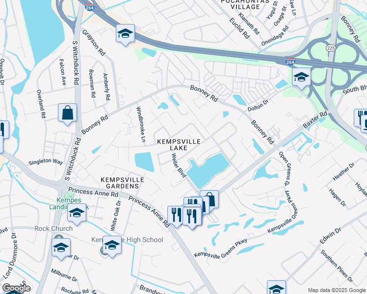 map of restaurants, bars, coffee shops, grocery stores, and more near 4709 Ashbury Lane in Virginia Beach