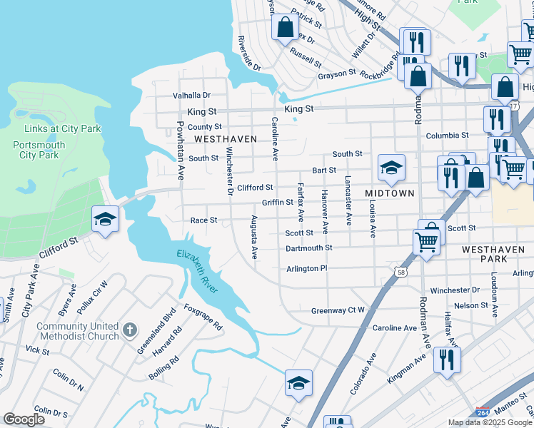 map of restaurants, bars, coffee shops, grocery stores, and more near 4306 Race Street in Portsmouth