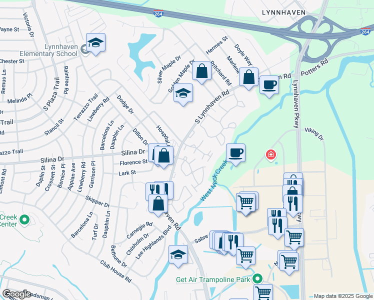 map of restaurants, bars, coffee shops, grocery stores, and more near 404 Old Gate Muse in Virginia Beach