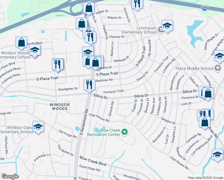 map of restaurants, bars, coffee shops, grocery stores, and more near 3509 Terrazzo Trail in Virginia Beach