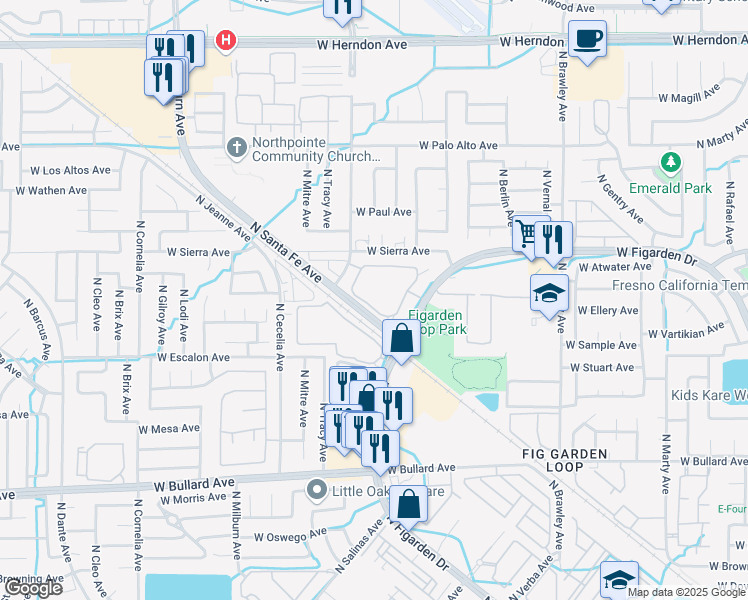 map of restaurants, bars, coffee shops, grocery stores, and more near 4262 West Figarden Drive in Fresno