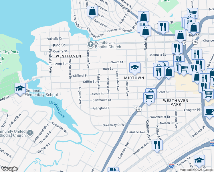 map of restaurants, bars, coffee shops, grocery stores, and more near 4021 Race Street in Portsmouth