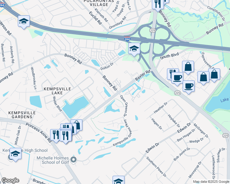 map of restaurants, bars, coffee shops, grocery stores, and more near 460 Troon Chase in Virginia Beach