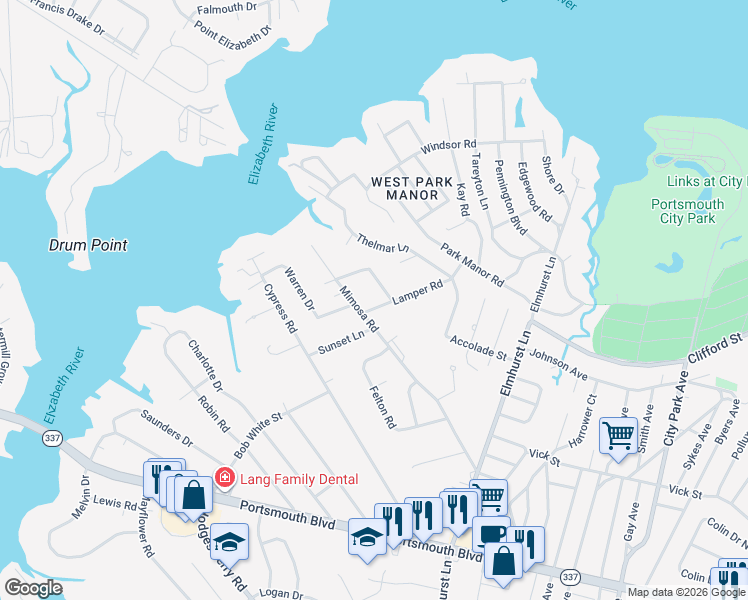 map of restaurants, bars, coffee shops, grocery stores, and more near 600 Mimosa Road in Portsmouth