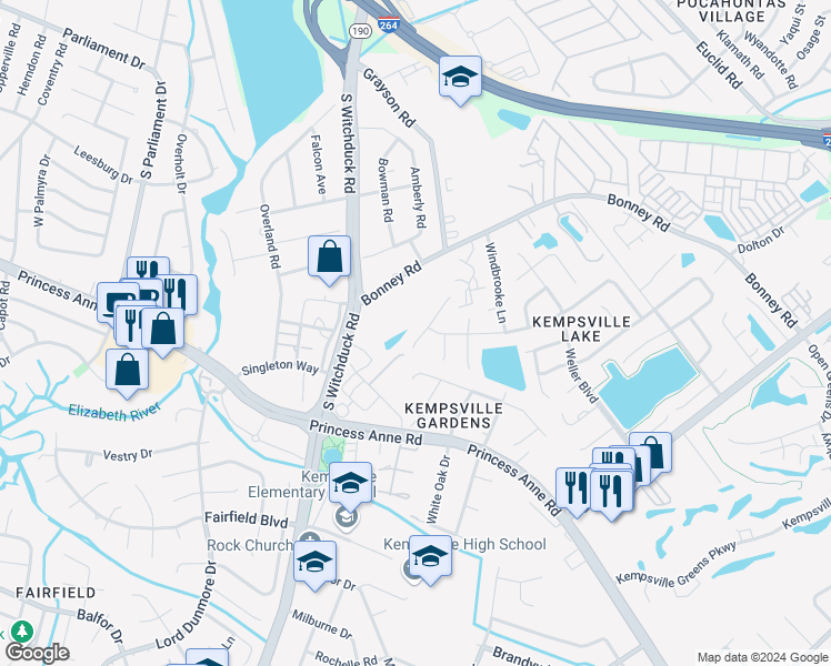 map of restaurants, bars, coffee shops, grocery stores, and more near 257 Mannings Lane in Virginia Beach