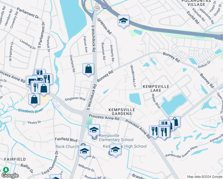 map of restaurants, bars, coffee shops, grocery stores, and more near 257 Mannings Lane in Virginia Beach