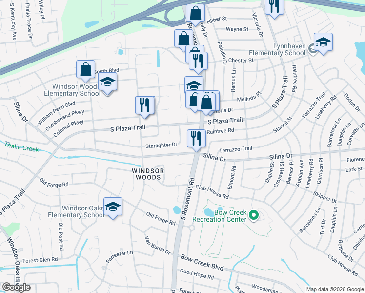 map of restaurants, bars, coffee shops, grocery stores, and more near 3612 Silina Drive in Virginia Beach