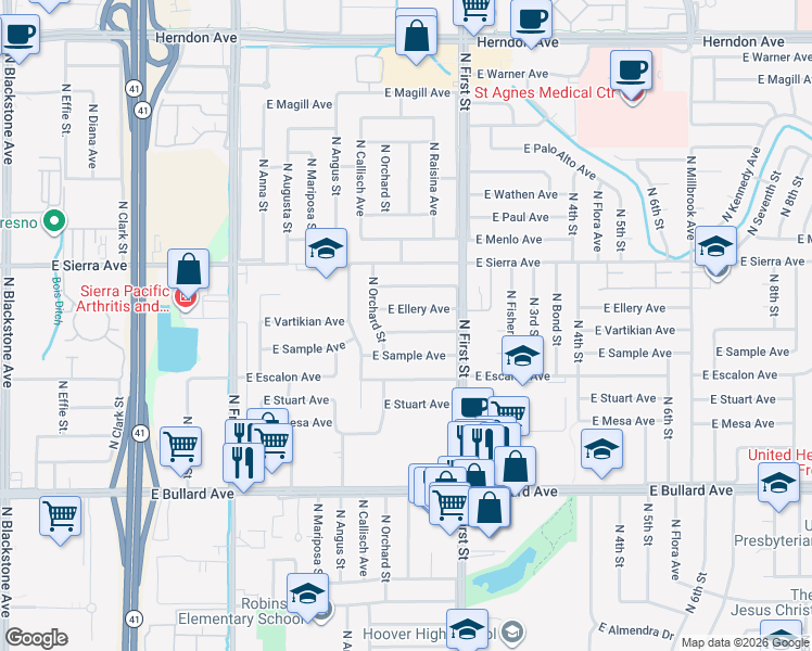 map of restaurants, bars, coffee shops, grocery stores, and more near 681 East Vartikian Avenue in Fresno