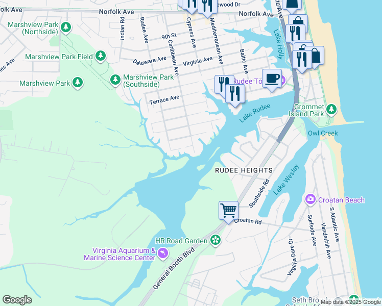 map of restaurants, bars, coffee shops, grocery stores, and more near 6 Caribbean Avenue in Virginia Beach