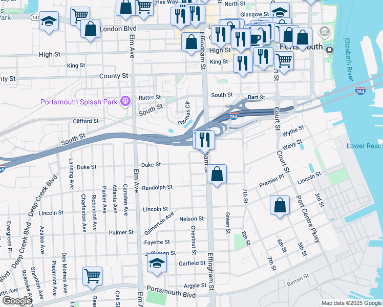 map of restaurants, bars, coffee shops, grocery stores, and more near 1401 Chestnut Street in Portsmouth