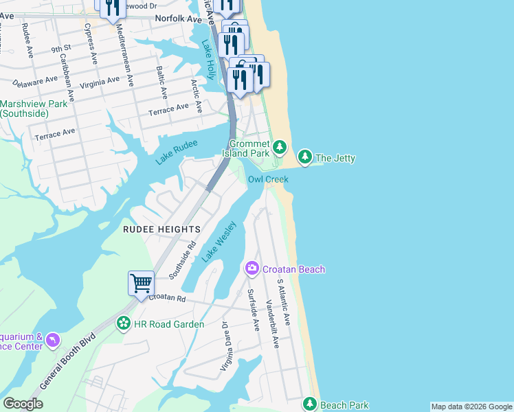 map of restaurants, bars, coffee shops, grocery stores, and more near 501 Virginia Dare Drive in Virginia Beach