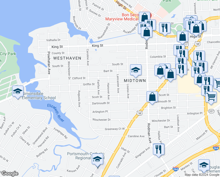 map of restaurants, bars, coffee shops, grocery stores, and more near 4020 Race Street in Portsmouth