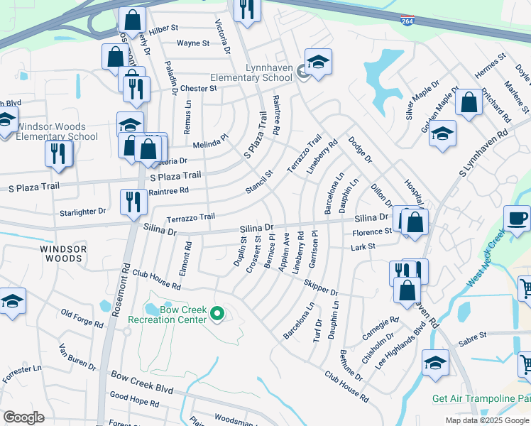 map of restaurants, bars, coffee shops, grocery stores, and more near 321 Bernice Place in Virginia Beach