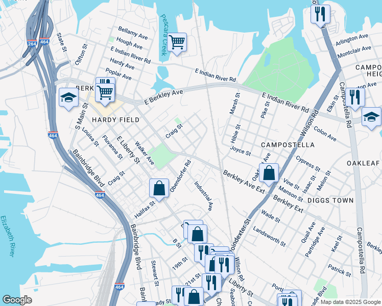 map of restaurants, bars, coffee shops, grocery stores, and more near 948 Berkley Avenue Extension in Norfolk