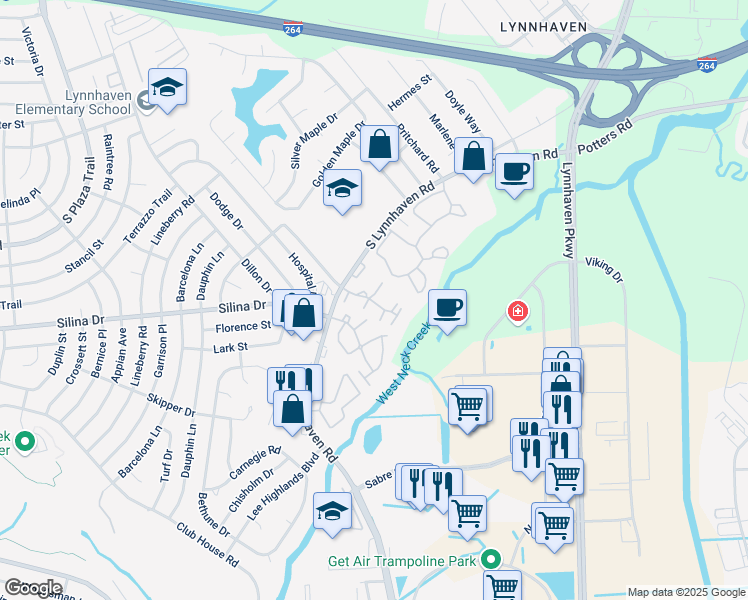 map of restaurants, bars, coffee shops, grocery stores, and more near 313 Rutherglen Muse in Virginia Beach