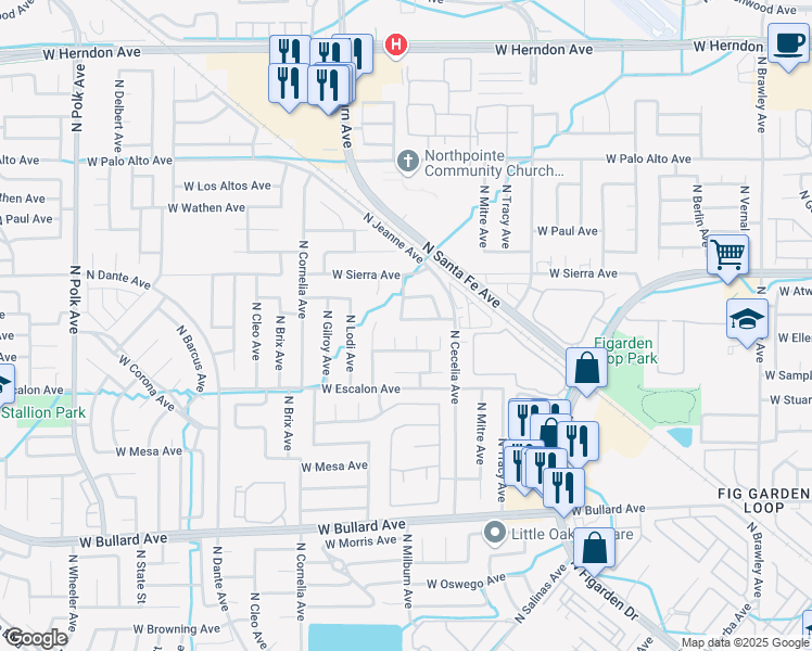 map of restaurants, bars, coffee shops, grocery stores, and more near 4625 West Ellery Avenue in Fresno