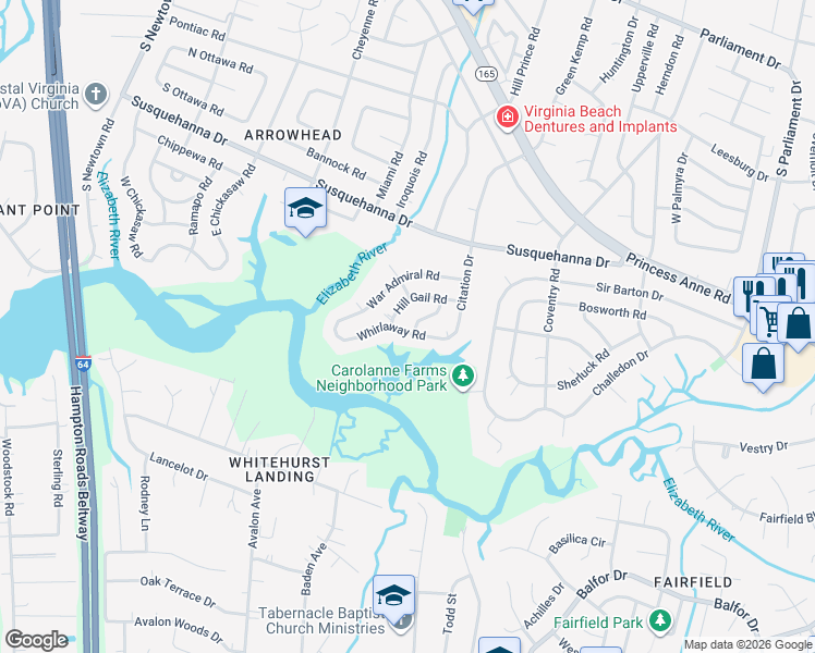 map of restaurants, bars, coffee shops, grocery stores, and more near 5521 Whirlaway Road in Virginia Beach
