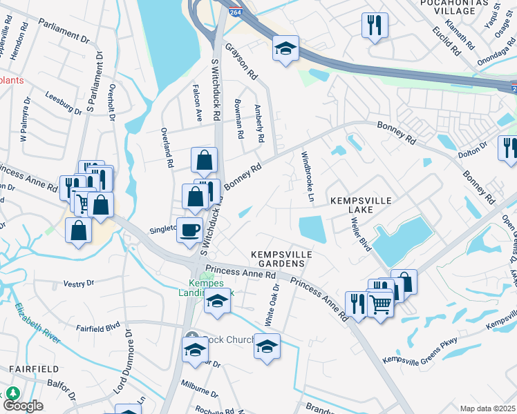 map of restaurants, bars, coffee shops, grocery stores, and more near 255 Mannings Lane in Virginia Beach