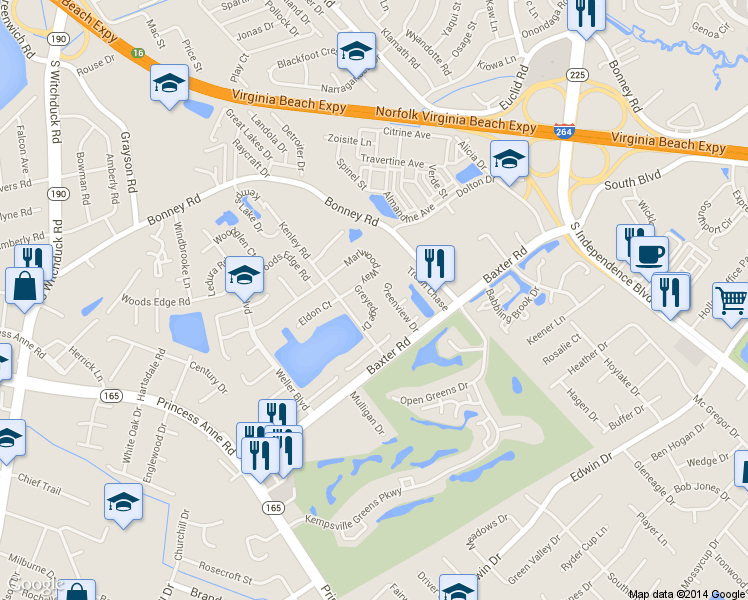 map of restaurants, bars, coffee shops, grocery stores, and more near 4529 Greyedge Drive in Virginia Beach