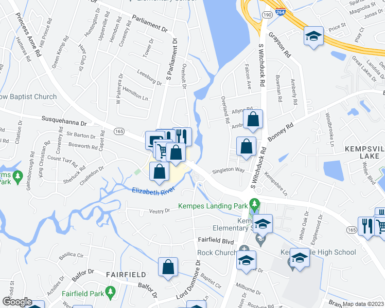 map of restaurants, bars, coffee shops, grocery stores, and more near 308 Riveranne Court in Virginia Beach
