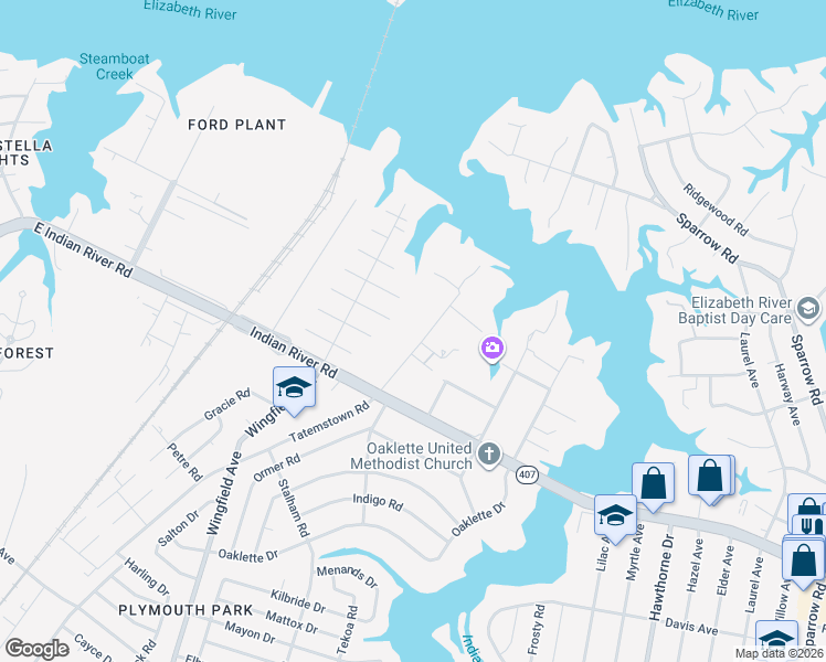 map of restaurants, bars, coffee shops, grocery stores, and more near 405 Kemp Lane in Chesapeake