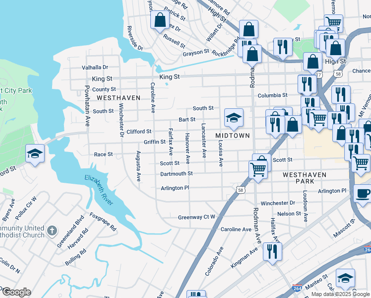 map of restaurants, bars, coffee shops, grocery stores, and more near 4021 Race Street in Portsmouth