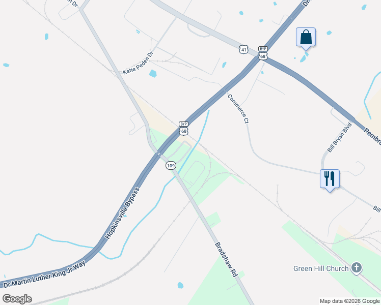 map of restaurants, bars, coffee shops, grocery stores, and more near 41 Yoakum Circle in Hopkinsville