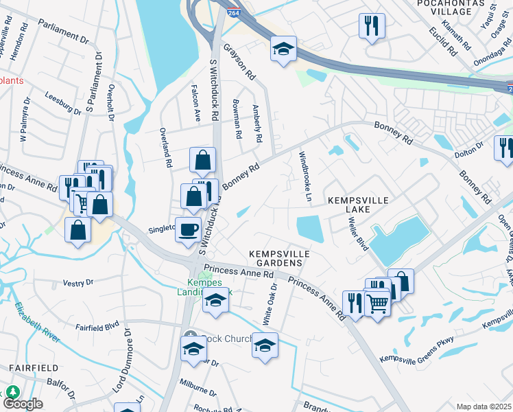 map of restaurants, bars, coffee shops, grocery stores, and more near 255 Mannings Lane in Virginia Beach