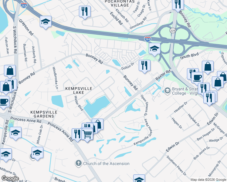 map of restaurants, bars, coffee shops, grocery stores, and more near 4529 Greyedge Drive in Virginia Beach