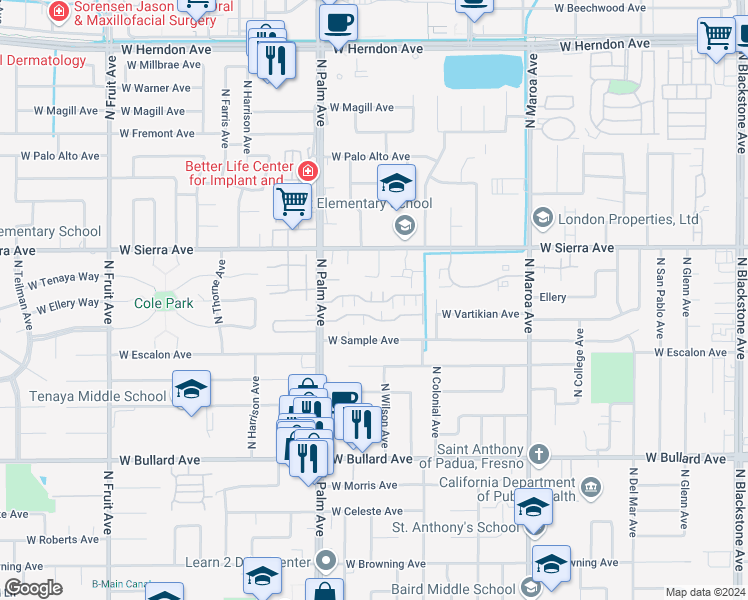 map of restaurants, bars, coffee shops, grocery stores, and more near 6300 North Palm Avenue in Fresno