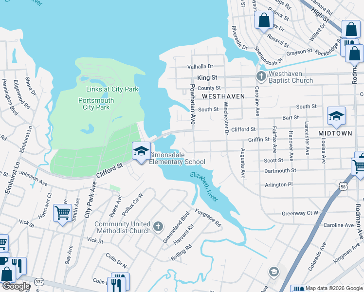 map of restaurants, bars, coffee shops, grocery stores, and more near 1208 Powhatan Avenue in Portsmouth