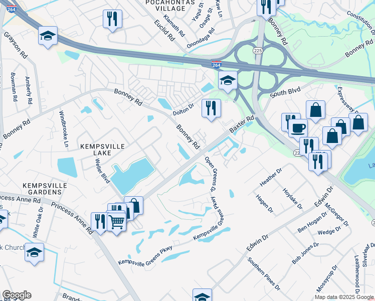 map of restaurants, bars, coffee shops, grocery stores, and more near 445 Troon Chase in Virginia Beach