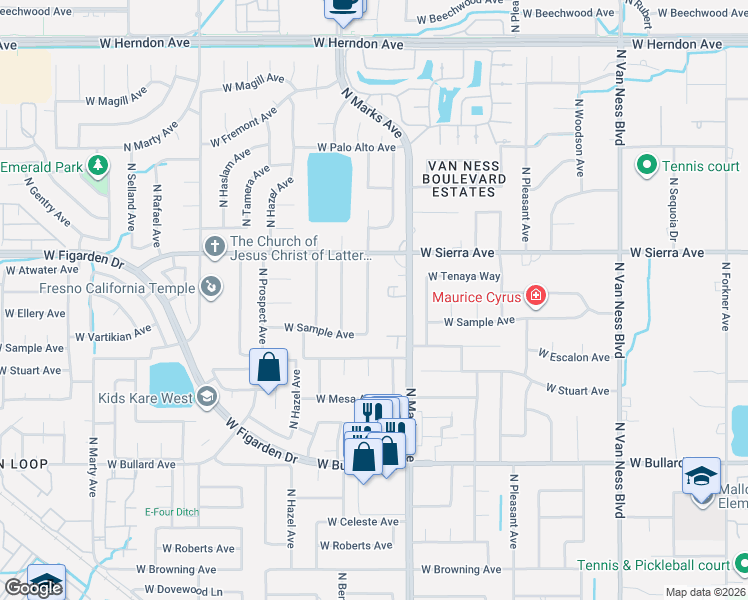 map of restaurants, bars, coffee shops, grocery stores, and more near 6307 North Marks Avenue in Fresno