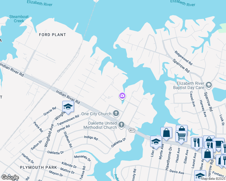 map of restaurants, bars, coffee shops, grocery stores, and more near 337 Kemp Lane East in Chesapeake