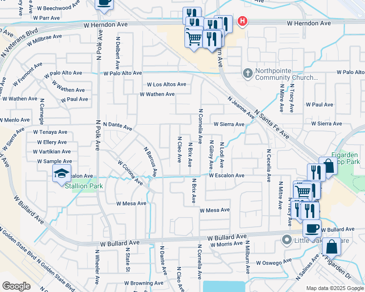 map of restaurants, bars, coffee shops, grocery stores, and more near 6364 North Cleo Avenue in Fresno