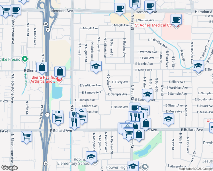map of restaurants, bars, coffee shops, grocery stores, and more near 6276 North Callisch Avenue in Fresno