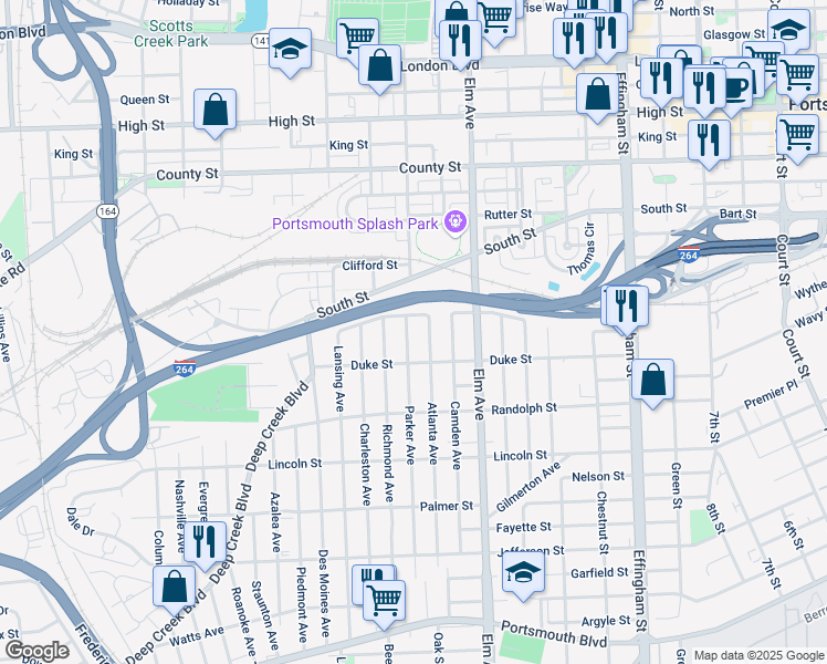 map of restaurants, bars, coffee shops, grocery stores, and more near 1400 Parker Avenue in Portsmouth