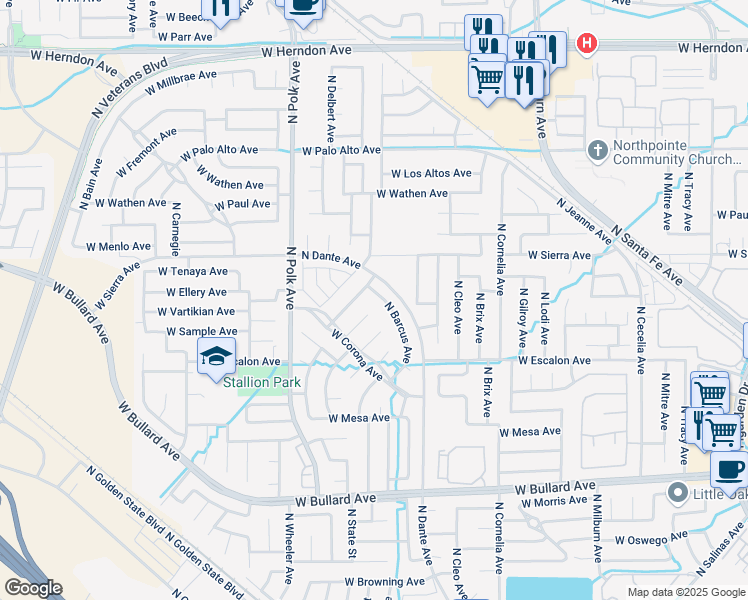 map of restaurants, bars, coffee shops, grocery stores, and more near 6362 North Delbert Avenue in Fresno