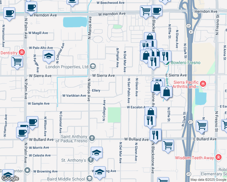 map of restaurants, bars, coffee shops, grocery stores, and more near 254 West Vartikian Avenue in Fresno