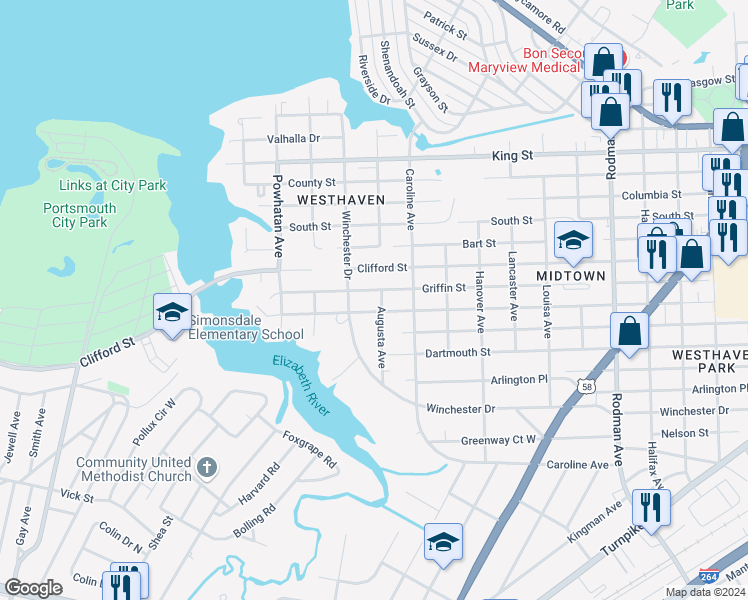 map of restaurants, bars, coffee shops, grocery stores, and more near 1206 Augusta Avenue in Portsmouth