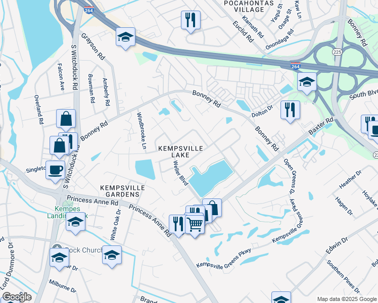 map of restaurants, bars, coffee shops, grocery stores, and more near 4701 Ashbury Lane in Virginia Beach