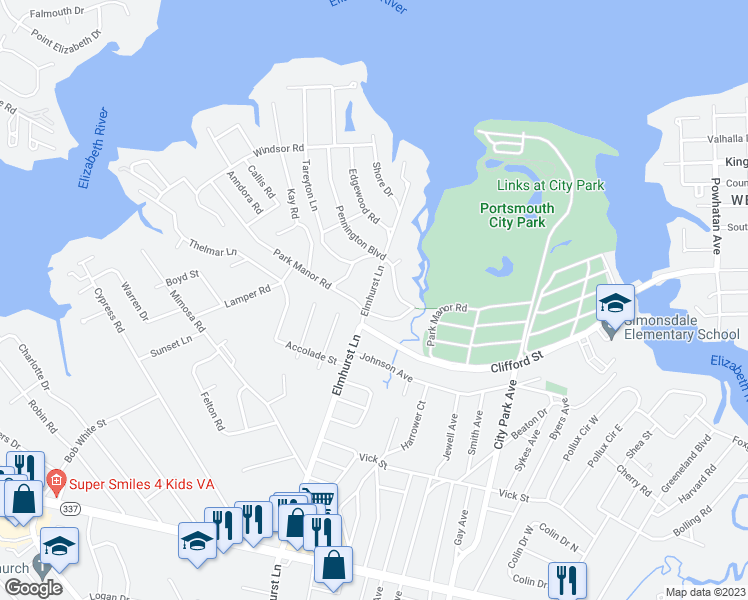 map of restaurants, bars, coffee shops, grocery stores, and more near 321 Elmhurst Lane in Portsmouth