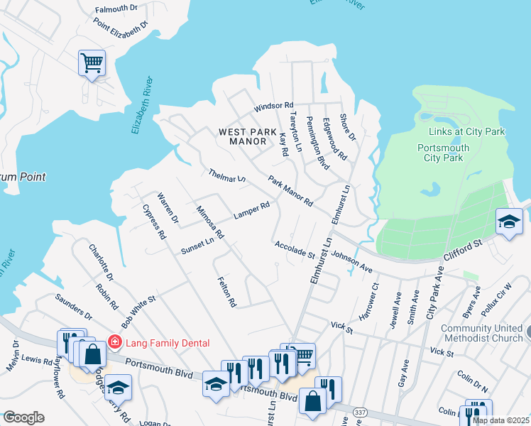 map of restaurants, bars, coffee shops, grocery stores, and more near 105 Lamper Road in Portsmouth