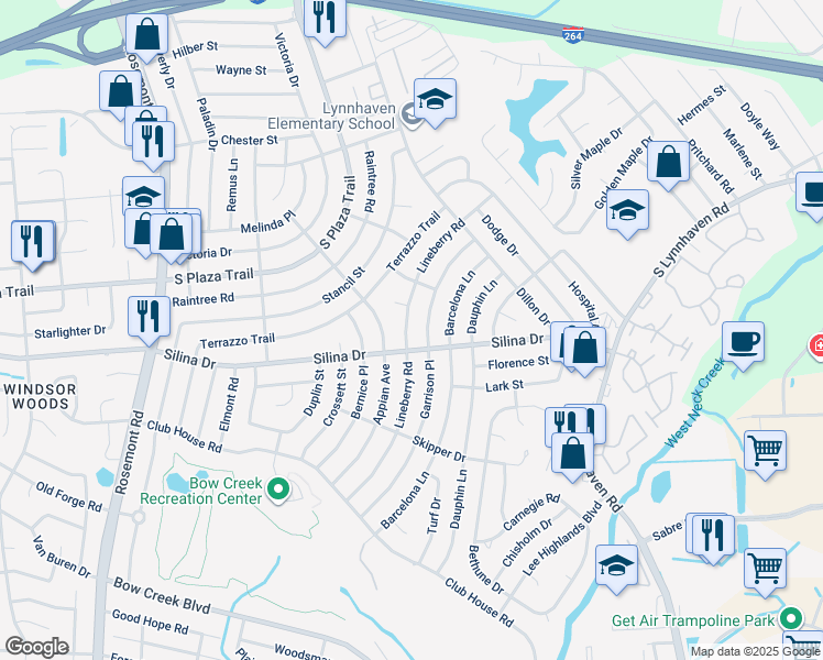 map of restaurants, bars, coffee shops, grocery stores, and more near 364 Lineberry Road in Virginia Beach