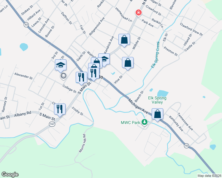 map of restaurants, bars, coffee shops, grocery stores, and more near 218 Michigan Avenue in Monticello