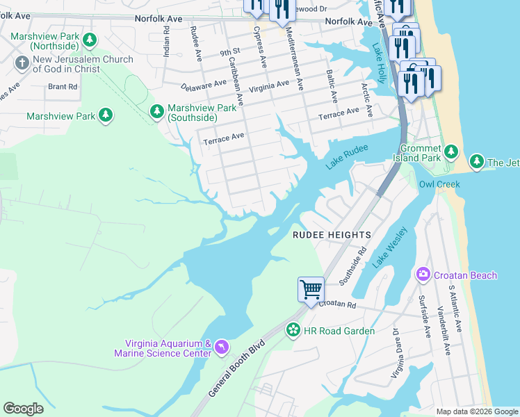map of restaurants, bars, coffee shops, grocery stores, and more near 10 Caribbean Avenue in Virginia Beach